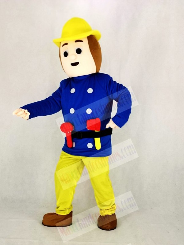 Realistic Fireman Sam In Blue Coat Mascot Costume Cartoon