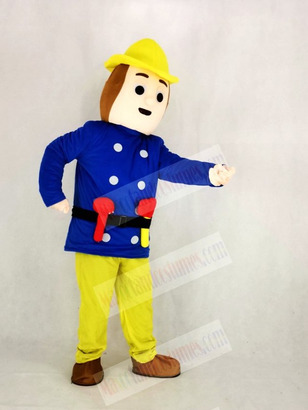Realistic Fireman Sam In Blue Coat Mascot Costume Cartoon