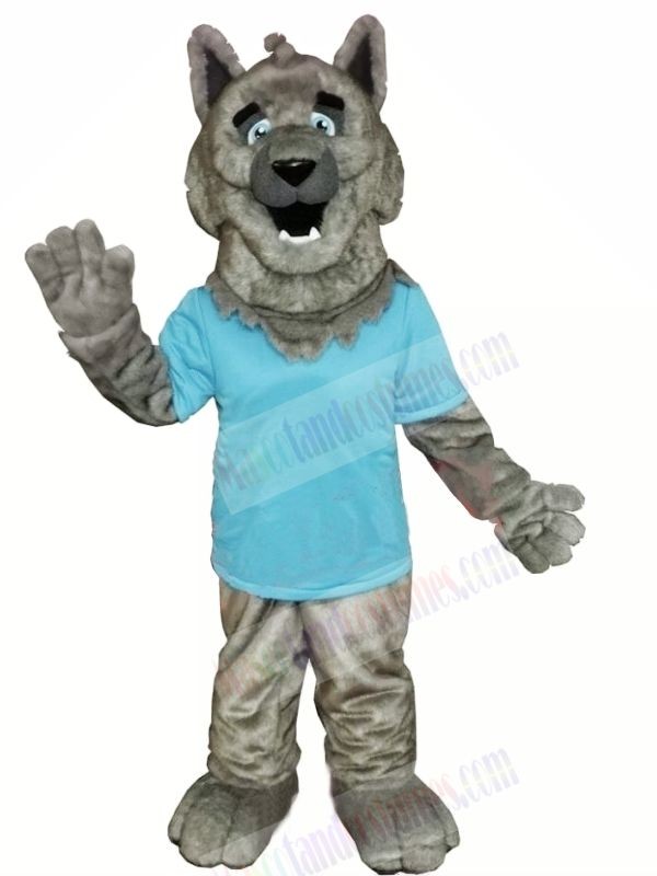 Grey Wolf with Blue T-shirt Mascot Costumes Cartoon