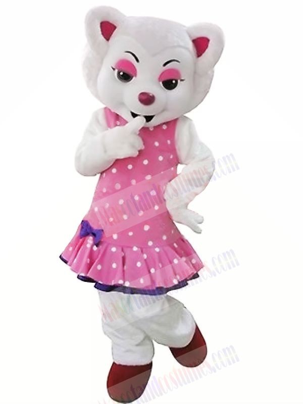 White Beautiful Wolf in Pink Dress Mascot Costumes Cartoon