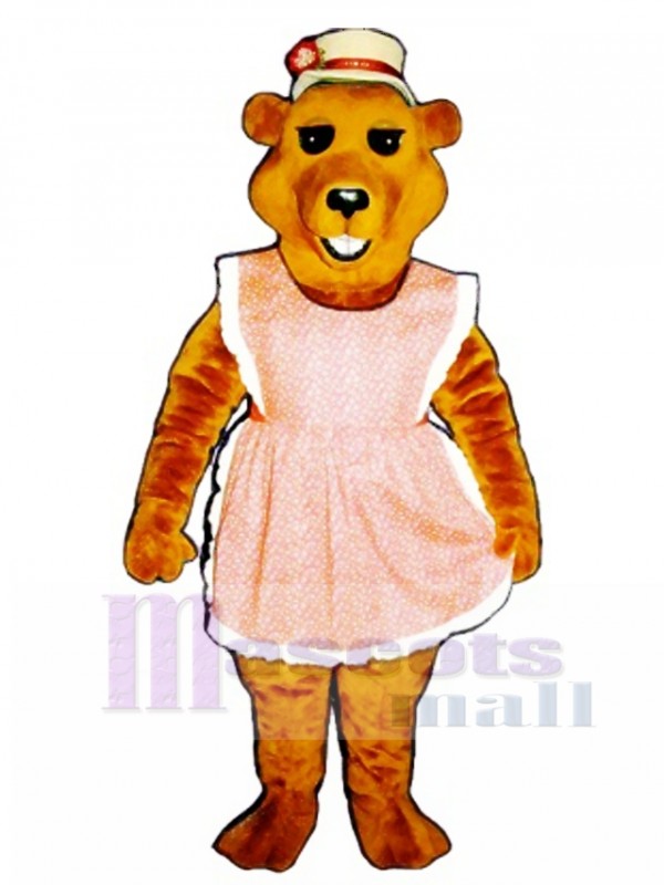 Cute Cheri Bear with Apron & Straw Hat Mascot Costume