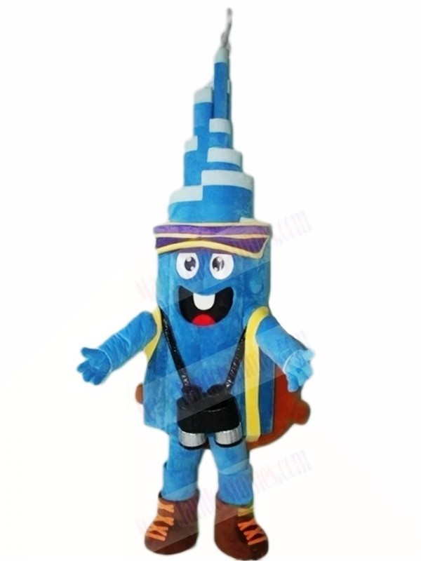 Blue Tower with Hat and Backpack Mascot Costumes  