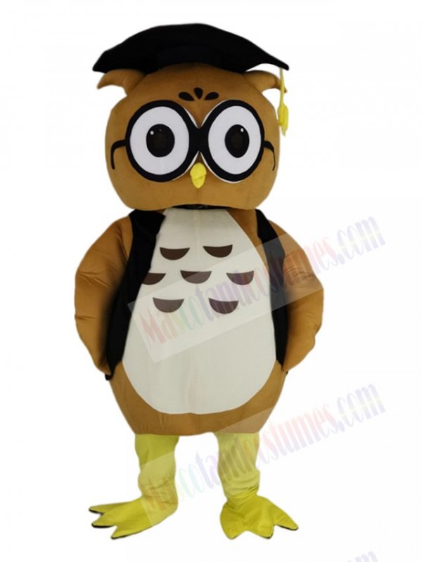 Brown Doctor Owl in Black Vest Mascot Costume