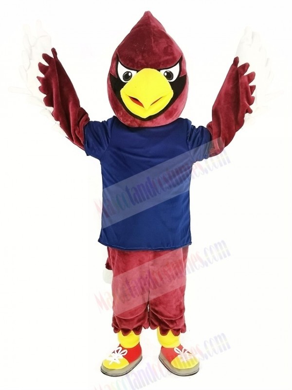 Red Cardinal Bird in Dark Blue Shirt Mascot Costume