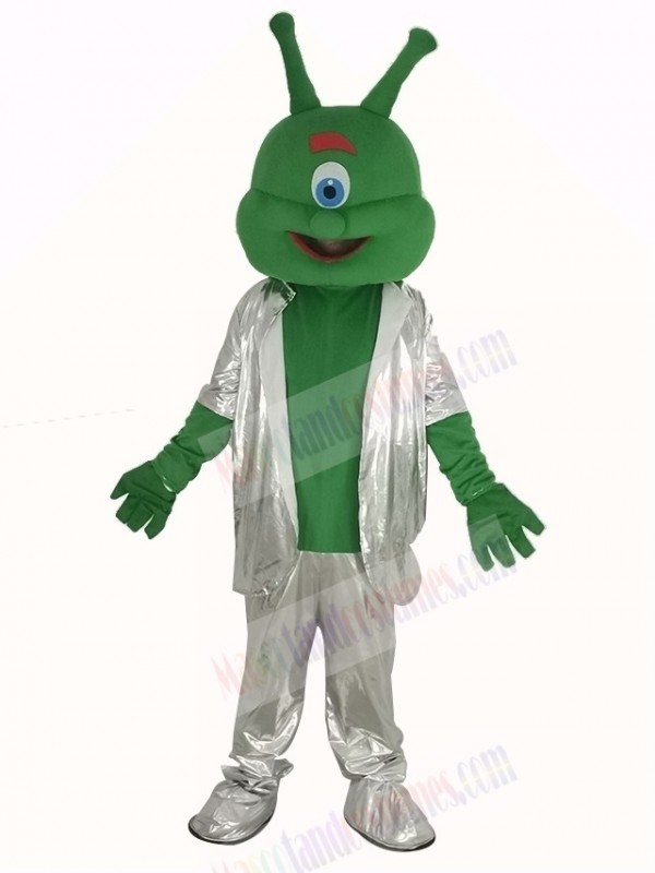 Green Alien in Silver Suit Mascot Costume