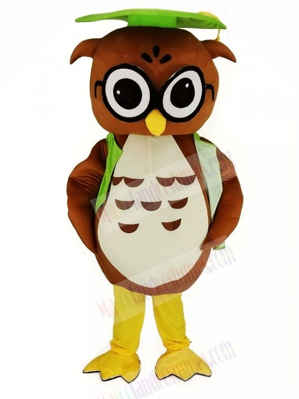 Brown Owl with Green Graduation Cap Mascot Costume Animal