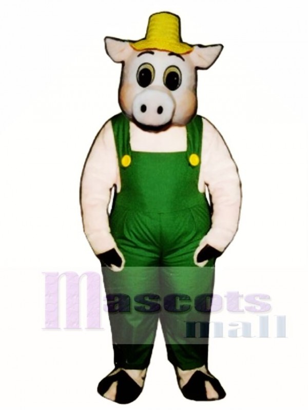 Cute Otis Oinker Pig Hog with Straw Hat & Overalls Mascot Costume