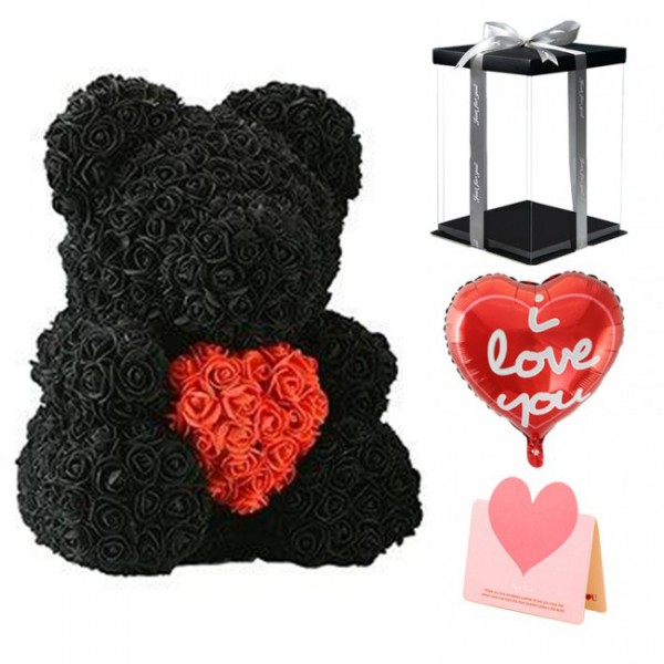 Black Rose Teddy Bear Flower Bear with Red Heart Best Gift for Mother's Day, Valentine's Day, Anniversary, Weddings and Birthday