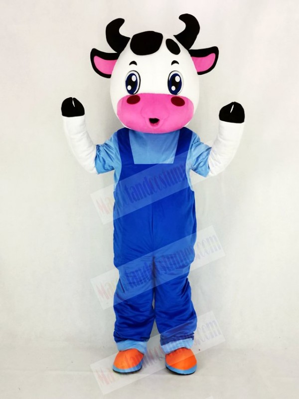 Cute Cow with Blue Overalls Mascot Costume Cartoon