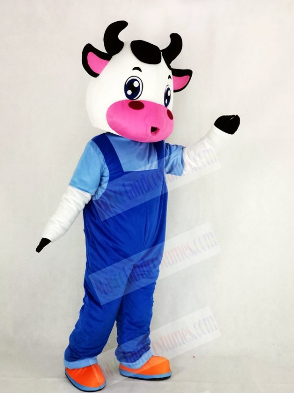 Cute Cow with Blue Overalls Mascot Costume Cartoon