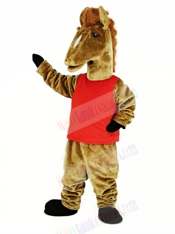Brown Mustang with Red Vest Mascot Costume Animal